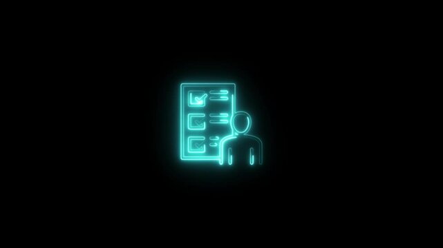 glowing blue neon icon of a user beside a checklist board, symbolizing task completion, planning, management, productivity, and goal tracking in digital workflow.