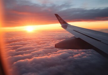 Obraz premium Serene Sunset View from Airplane Window Over Cloudy Sky