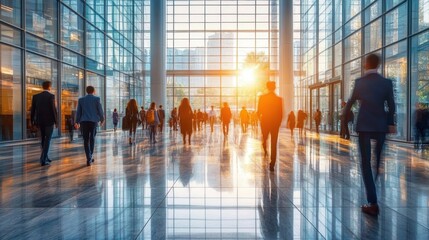 Crowded modern glass lobby with people walking towards sunlight during early morning or evening