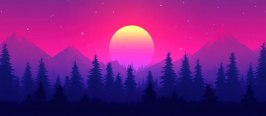 Fotobehang Retro mountain landscape with pine trees and bright celestial sphere sunset © alindiyani