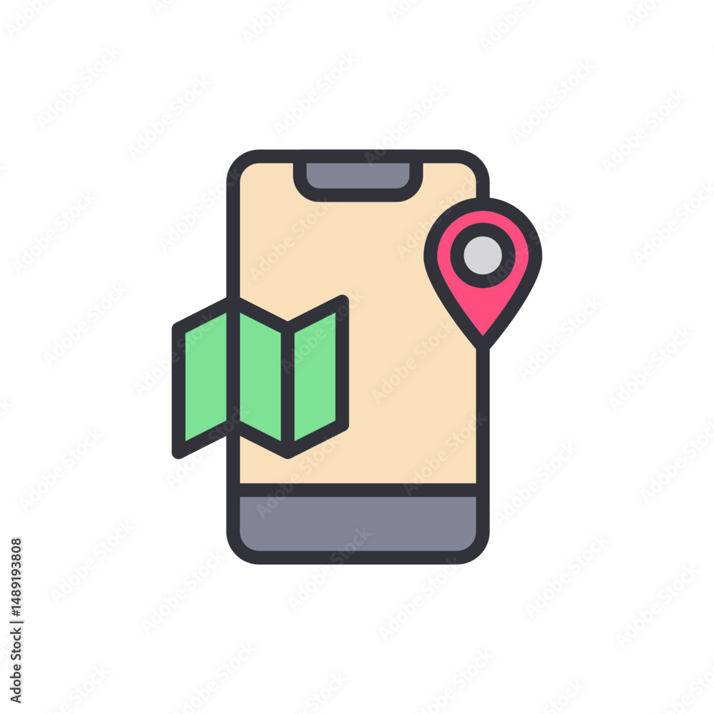 Poster smartphone application with green map and location pin for navigation