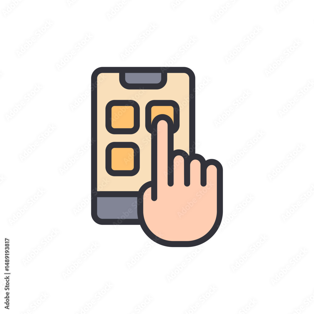 Poster smartphone interaction depicting user interface elements and hand gesture