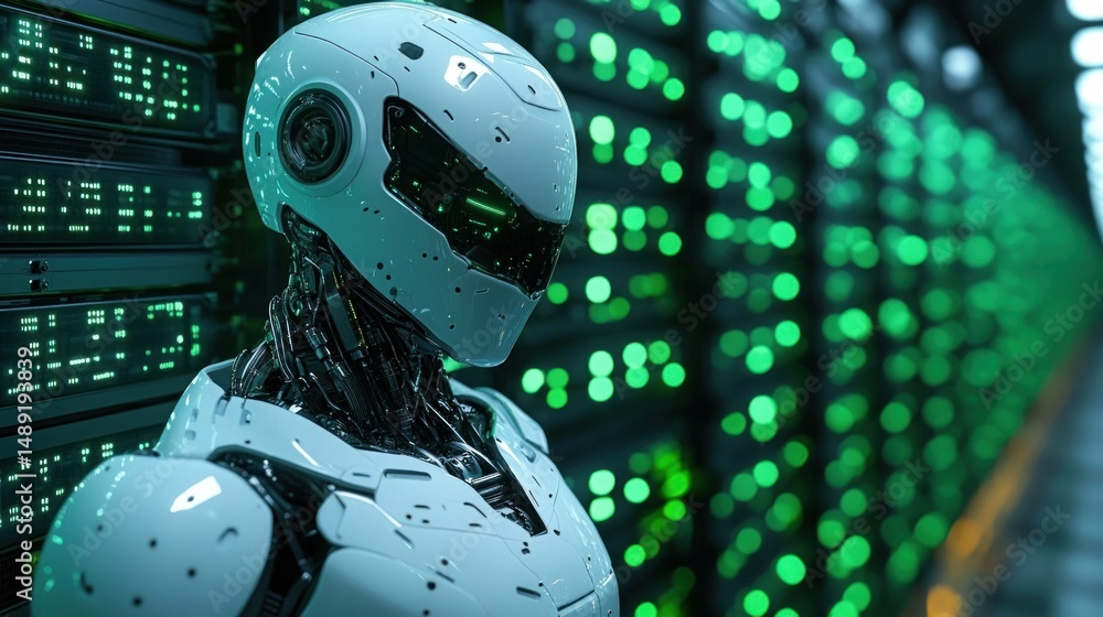 Poster futuristic white humanoid robot with complex mechanical details standing in front of wall filled wit