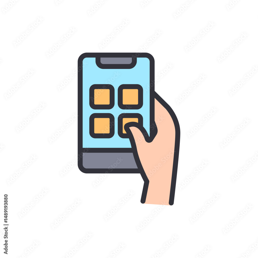 Poster hand using smart device with mobile applications interface layout