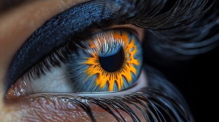 close-up ekstrim mata manusia dengan iris warna-warni menyerupai sapuan kuas cat minyak, warna biru dan kuning cerah, riasan mata artistik dalam warna yang serasi, tekstur hiper-realistis, konsep sure