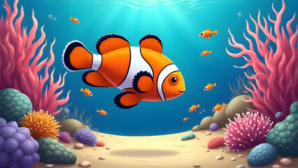 Happy clownfish with anemones and coral outlines, light gray background, educational coloring sheet for children.