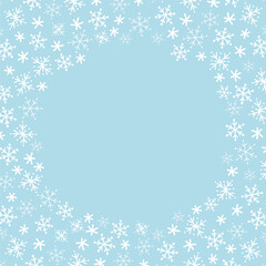 Snowflake Round Frame. Beautiful Winter Holiday Background. Christmas Greeting Card Template. Invitation. Free Space for Your Text. Vector Illustration in Light Blue, White.