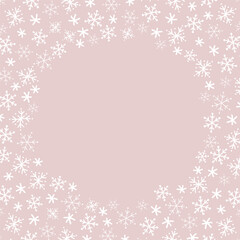 Snowflake Round Frame. Beautiful Winter Holiday Background. Christmas Greeting Card Template. Invitation. Free Space for Your Text. Vector Illustration in Pink, White