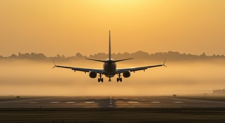 Airplane landing in golden sunrise mist