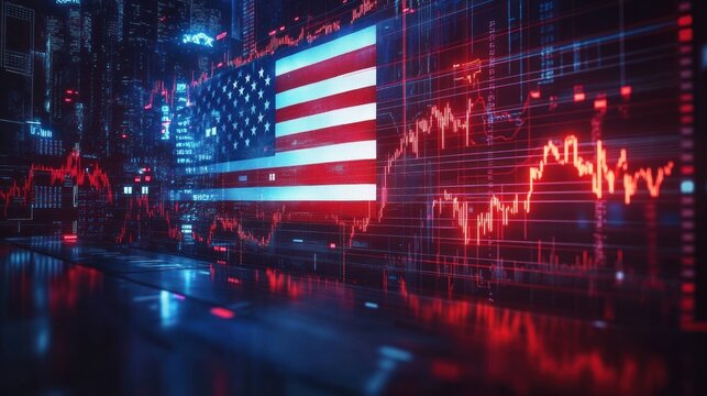 Digital visualization of an American flag overlaid with red financial graphs and stock market data in a futuristic cityscape at night