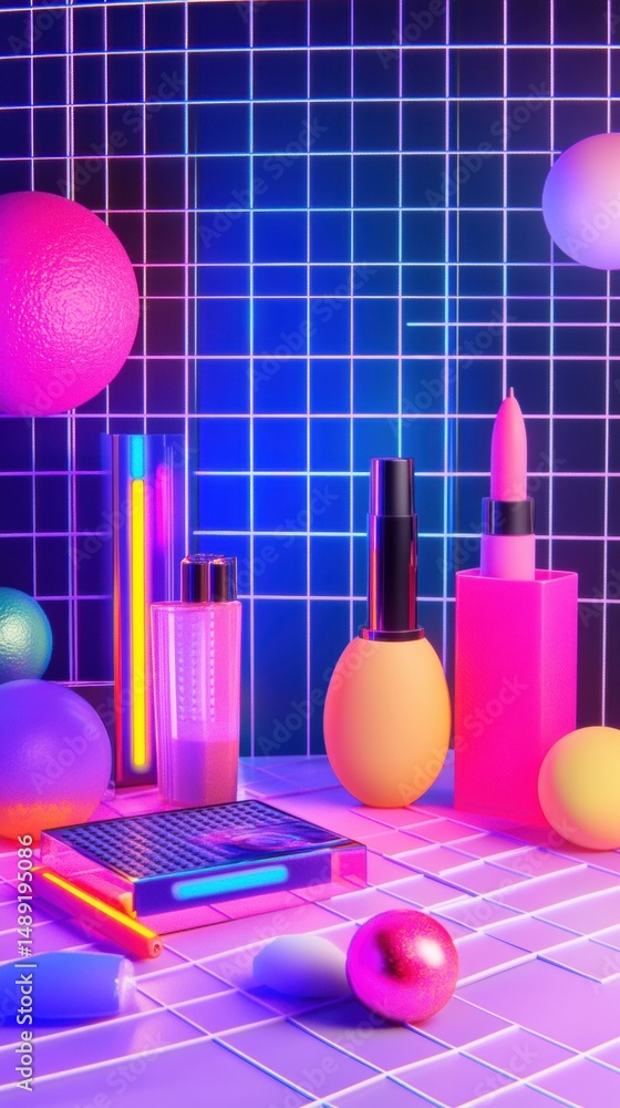Poster retro beauty product display featuring neon colors and geometric shapes in a vibrant 80s inspired se