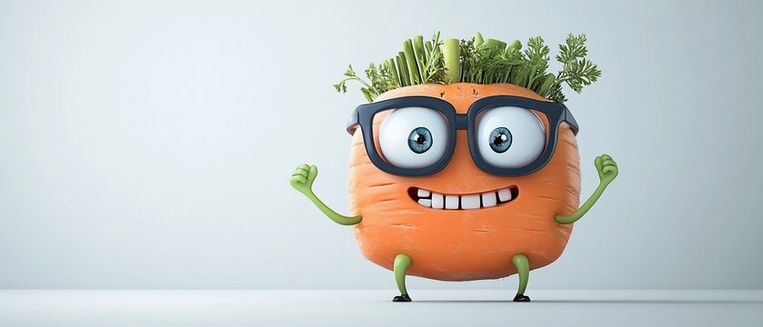 Cheerful Carrot Cartoon carrot with glasses, smiling, and pumping its fists