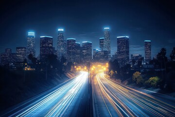 Fototapeta premium Nighttime cityscape with illuminated skyscrapers and light trails of fast-moving vehicles on a highway creating dynamic contrast