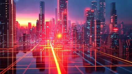 Futuristic city grid with vibrant neon glow seamless loop exploring digital urban landscape animation - Powered by Adobe