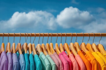 Colorful shirts hanging on a wooden rack