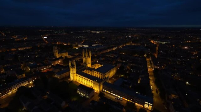 Aerial Night View of Illuminated Historical Cambridge City Centre of Cambridgeshire, England United Kingdom. March 21st, 2024