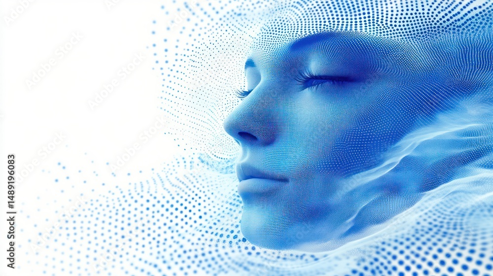 Poster serene blue face emerging from a flow of digital dots with closed eyes conveying calmness and intros