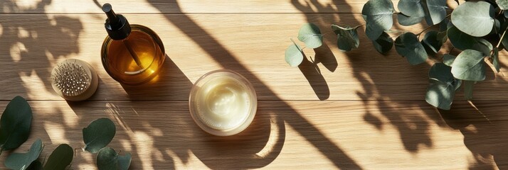 Organic haircare products arranged on a natural wood background with eucalyptus leaves, showcasing minimalist design and sunlight shadows for a serene atmosphere
