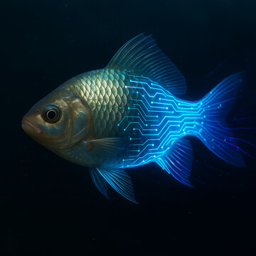 "Fish Disintegrating into Pixels and Binary Code | Organic-to-Digital Transition in Photorealistic Style"
