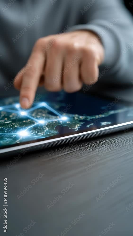 Poster hand touching digital tablet with global network visualization on screen, connecting points and city
