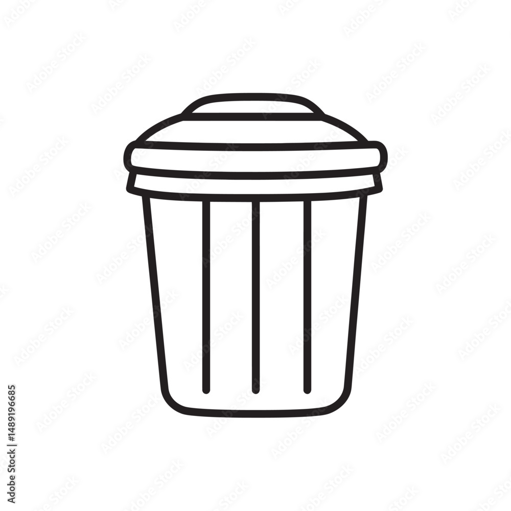 Poster minimalist trash can shows bold black line icon with a smooth outline and transparent background