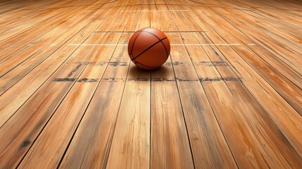 A basketball court with an old, worn wooden floor, where the markings have faded, and a single basketball sits in the center.