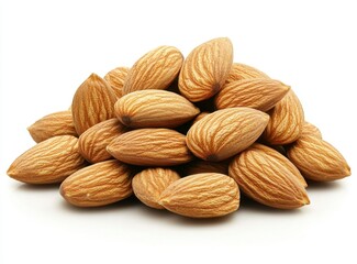 Fototapeta premium Pile of Natural Brown Almonds on White Background for Healthy Snacking