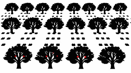 Stylized orchard landscape with rows of trees and scattered fruit in a monochrome color palette editable vector eps/eps