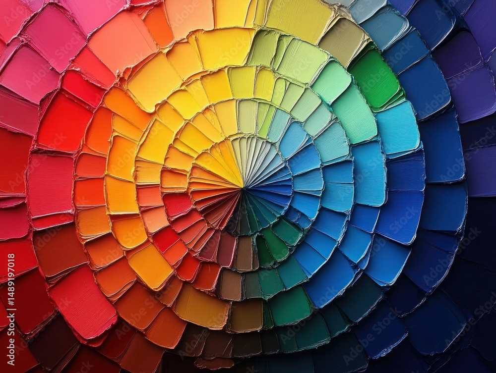 Poster concentric circle pattern of thick paint swatches arranged in a smooth color gradient from warm reds