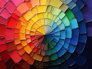 Fototapeta premium Concentric circle pattern of thick paint swatches arranged in a smooth color gradient from warm reds and oranges to cool blues and greens, showcasing rich texture and vibrant hues