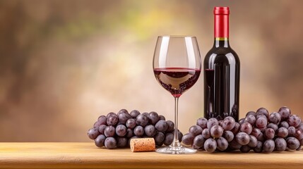 A beautiful still life of a bottle of red wine, glass, and wine cork on a wooden surface, surrounded by grapes.