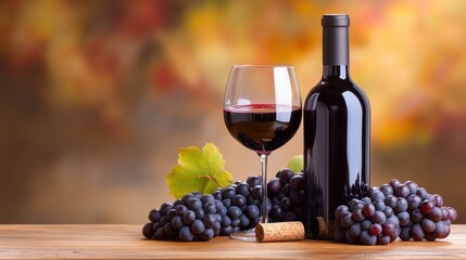 A beautiful still life of a bottle of red wine, glass, and wine cork on a wooden surface, surrounded by grapes.