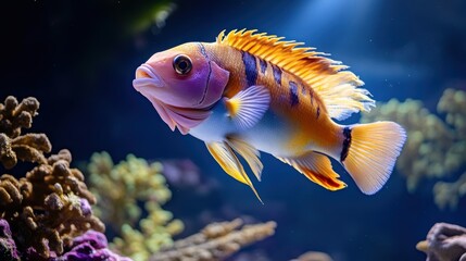 A beautiful tropical fish swimming in a coral reef, with vivid colors and intricate patterns, showcasing the rich biodiversity of underwater ecosystems