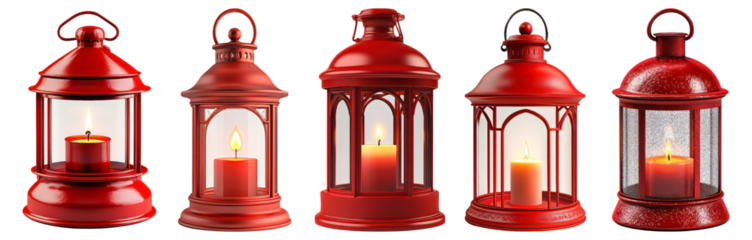 Collection of Elegant Red Lanterns with Warm Candle Glow, Isolated on Transparent, white background