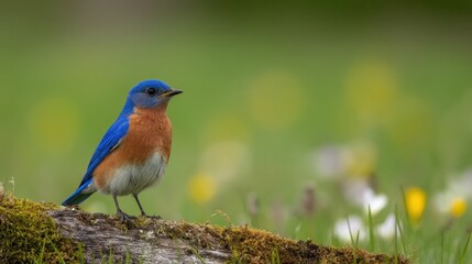 Stunning portrait of a beautiful eastern bluebird perched on a moss covered branch