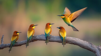 Beautiful european bee-eaters perched on a branch with one taking flight in nature