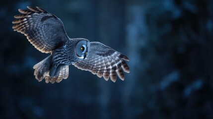 Majestic great grey owl in flight against a dark blue forest background