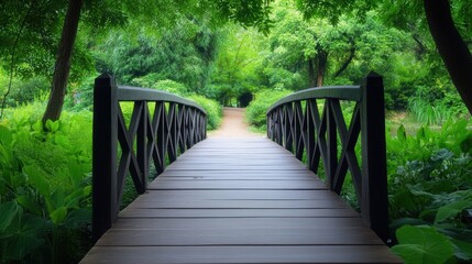 A beautiful wooden bridge surrounded by lush greenery, leading into a tranquil park or nature reserve.