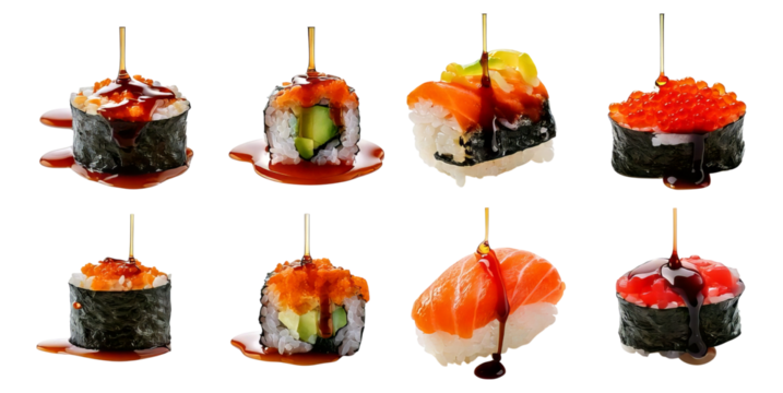 Delicious Assortment of Colorful Sushi Pieces with Soy Sauce Drizzle, Isolated on Transparent, white background