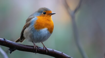 Beautiful european robin perched gracefully on a branch with vibrant orange chest feathers