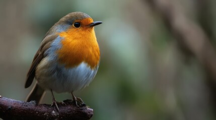 Close up of an adorable european robin bird perched on a blurred branch looking at the distance