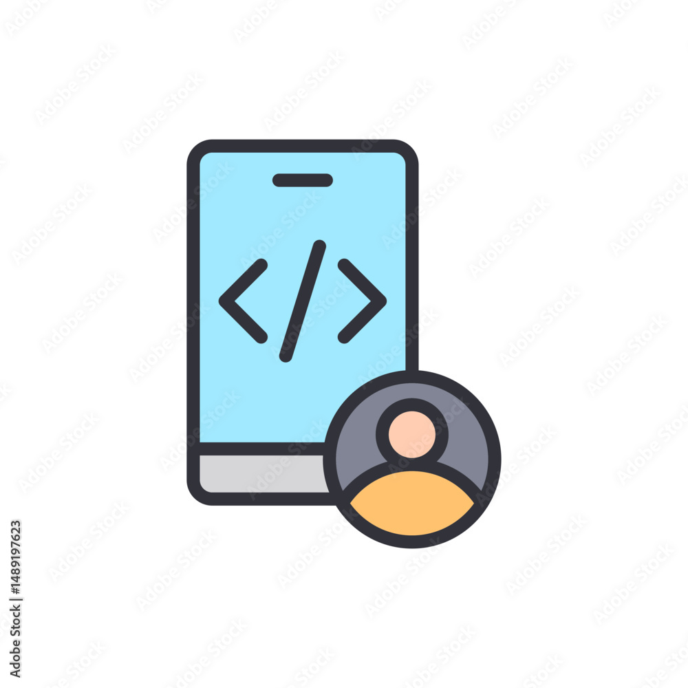 Poster mobile application development profile with code interface symbol design