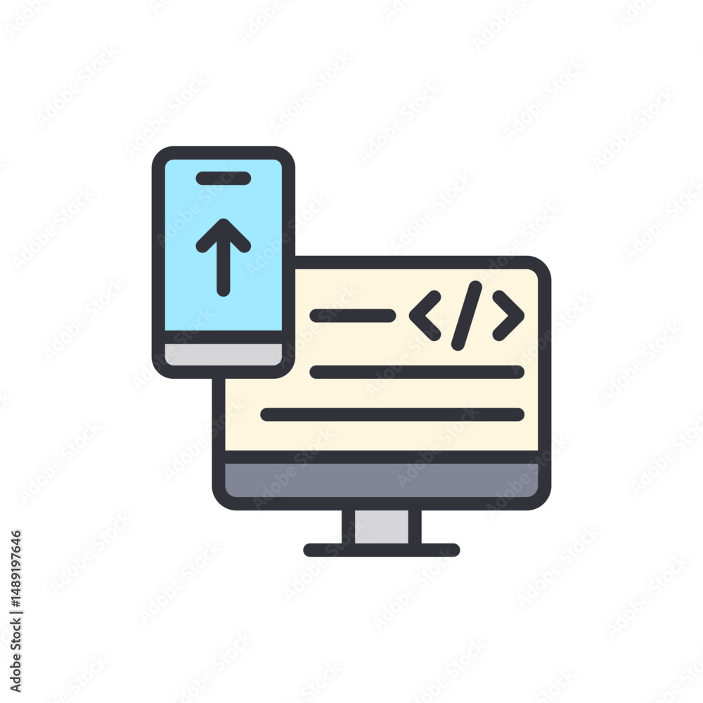 Poster depiction of software development with mobile upload feature vector