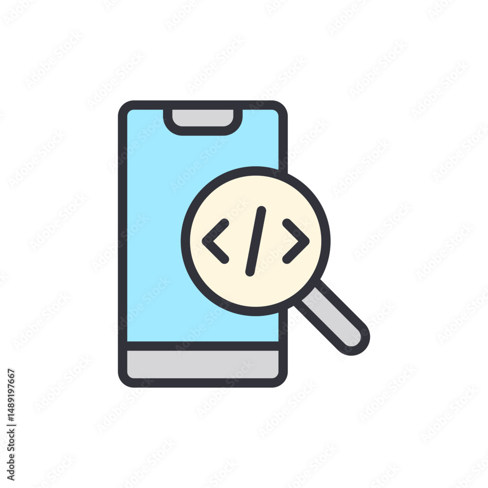 Poster mobile application development code inspection with magnifying glass