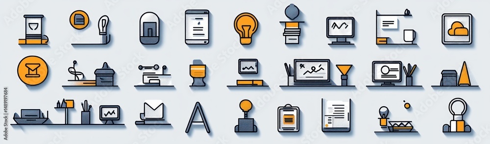 Poster minimalistic collection of office and technology icons with orange and gray color scheme representin