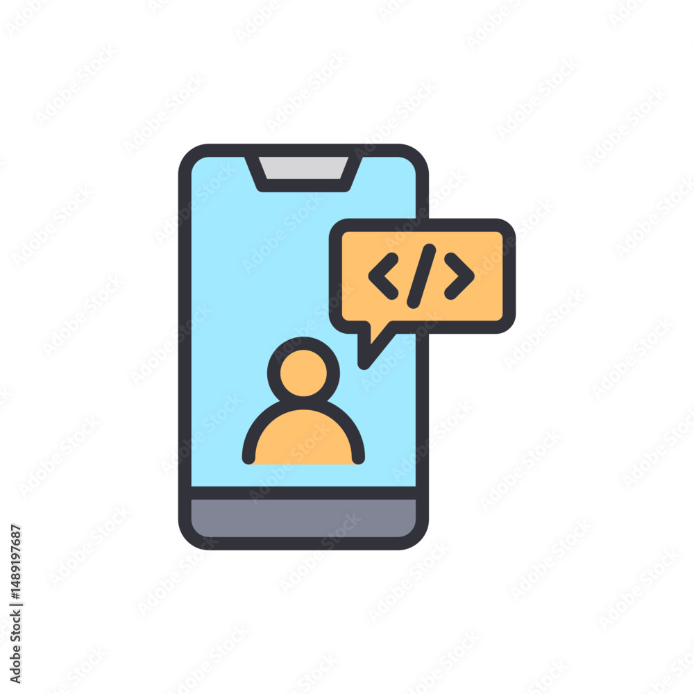 Poster mobile application development showing code conversation with avatar
