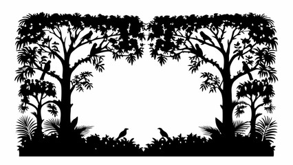 Silhouette of a tropical forest canopy with birds perched on branches creating a symmetrical frame design editable vector eps/eps