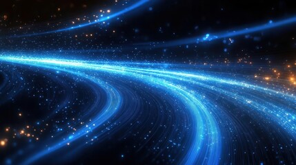 Naklejka premium Curved streams of glowing blue light particles moving through a dark space with scattered orange and blue sparkles creating a dynamic and futuristic atmosphere