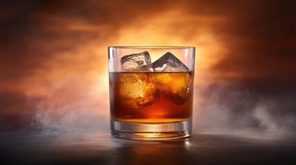A classic whiskey glass with a dark amber drink and ice cubes, set against a smoky background with warm lighting