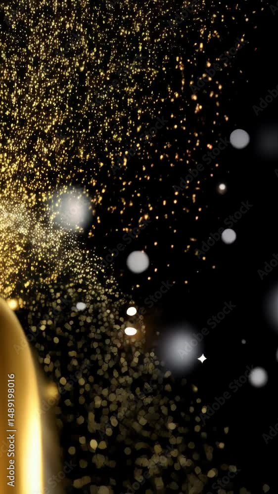 Poster elegant flowing ribbons of gold and silver with sparkling particles and soft bokeh lights on dark ba